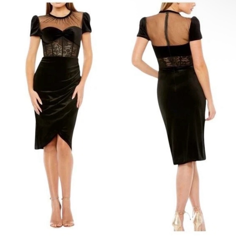 Mac Duggal Black Velvet Sheer Corset Velvet Cocktail Dress Size 10 $398-20742